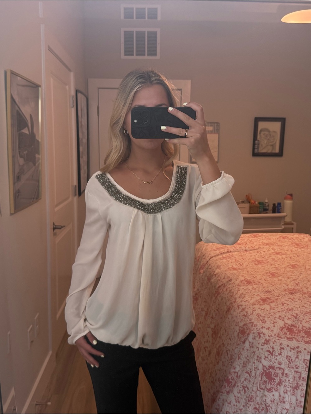 Studio Y Cream Beaded Scoop Neck Blouse